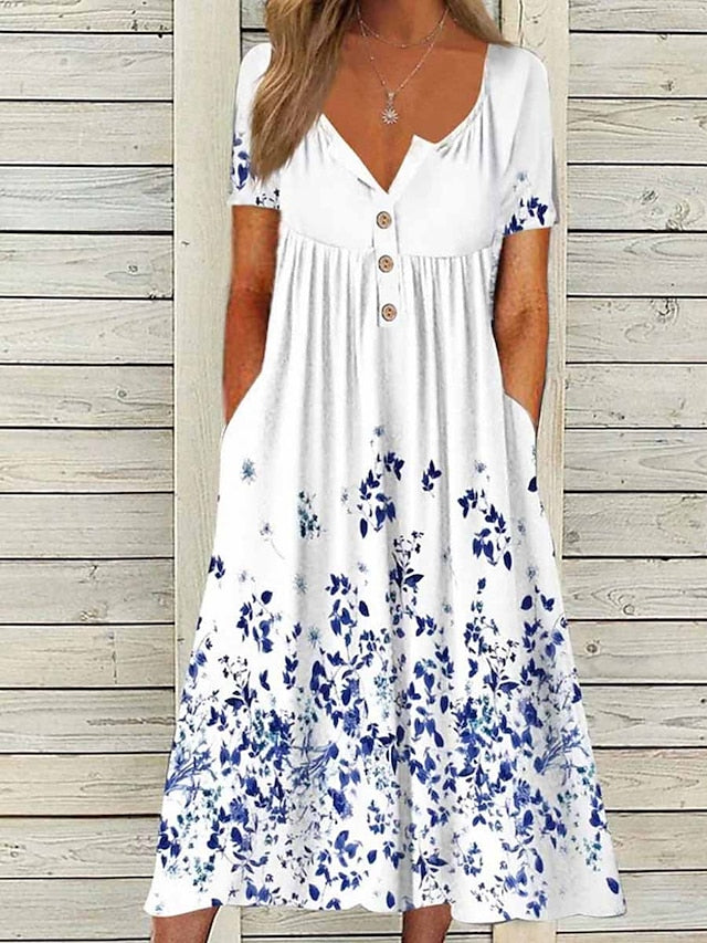 Women's Casual Dress Summer Dress Print Dress Floral Butterfly Ruched Button Split Neck Midi Dress Fashion Streetwear Outdoor Daily Short Sleeve Regular Fit Black White Yellow Summer Spring S M L XL - LuckyFash™