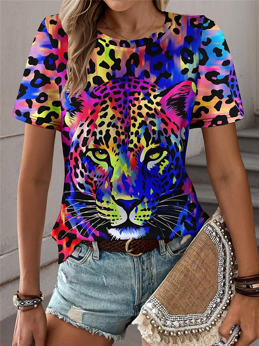 Women's T shirt Tee Leopard Daily Weekend Print Blue Short Sleeve Fashion Crew Neck Summer