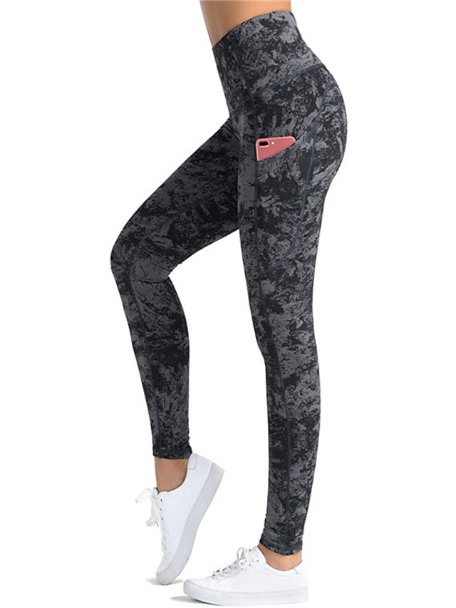 Women's Yoga Pants Side Pockets Tummy Control Butt Lift Quick Dry High Waist Yoga Fitness Gym Workout Leggings Bottoms Camo / Camouflage Black Army Green Dark Gray Spandex Winter Sports Activewear - LuckyFash™