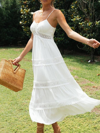 Women's White Lace Wedding Dress Boho Chic Dresses Boho Wedding Guest Dress Long Dress Maxi Dress Backless with Sleeve Date Vacation Beach A Line Strap Sleeveless White Color