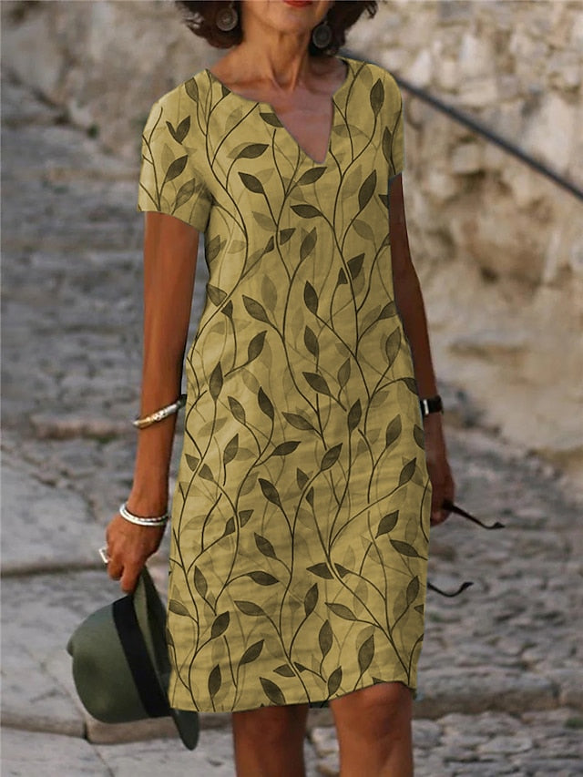 Women's Casual Dress Shift Dress Midi Dress Blue Green Short Sleeve Leaf Print Fall Spring Summer V Neck Basic Daily Vacation Summer Dress 2023 S M L XL XXL XXXL - LuckyFash™
