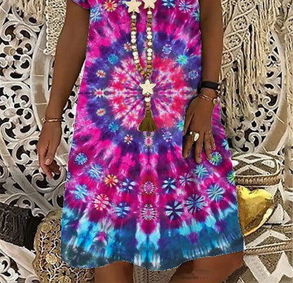 Women's Shift Dress Midi Dress Fuchsia Short Sleeve Tie Dye Print Summer Spring V Neck Casual 2023 S M L XL XXL 3XL