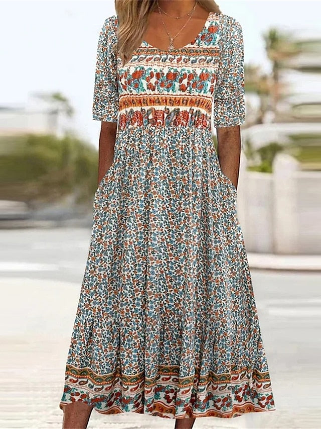 Women's Casual Dress Summer Dress Boho Dress Floral Ruched Pocket Crew Neck Midi Dress Fashion Modern Outdoor Daily Short Sleeve Regular Fit Pink Dark Blue Light Blue Summer Spring S M L XL XXL - LuckyFash™