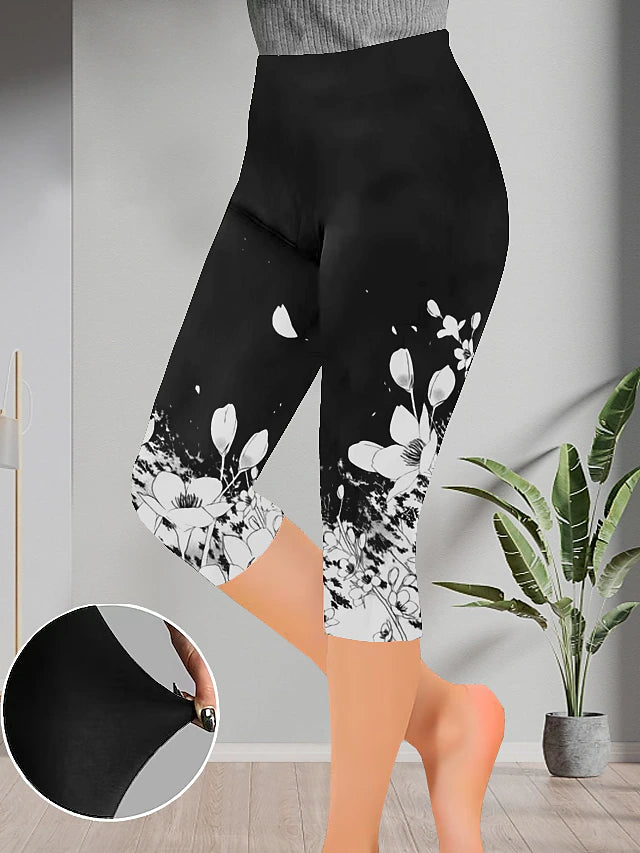 Women's Shapewear Normal 65% Polyester Flower Black 1# Black 2# Designer High Rise Capris Casual Daily Wear Spring, Fall, Winter, Summer