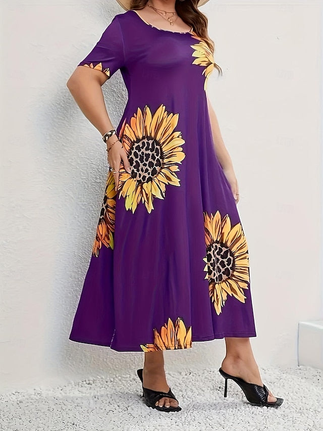 Women's Sunflower Patchwork Crew Neck Midi Dress Classic Vacation Short Sleeve Summer