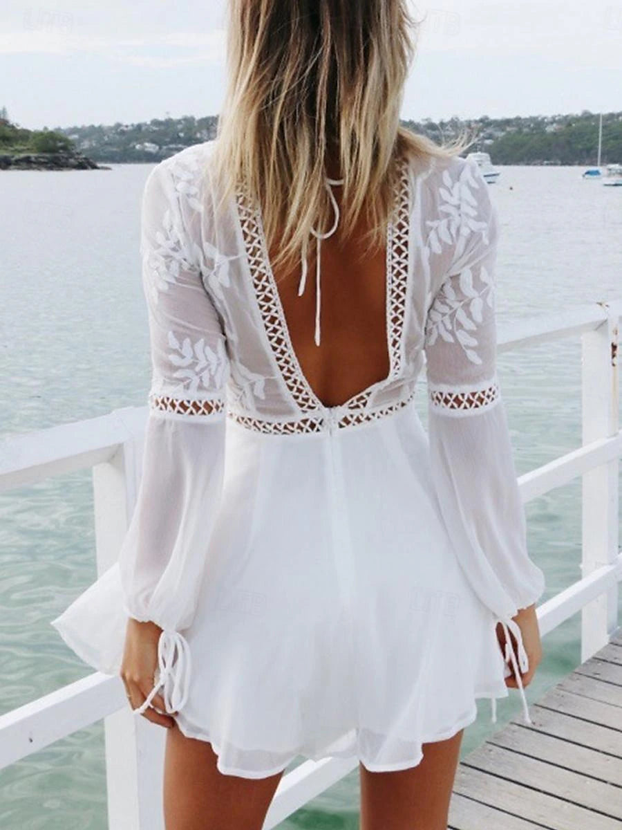 Women's White Dress Lace Dress Casual Dress Mini Dress Lace Backless Date Vacation Streetwear A Line V Neck Long Sleeve White Color