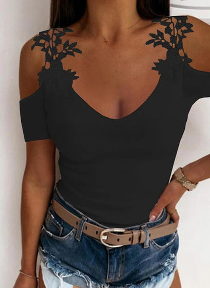 Women's T shirt Tee Going Out Tops Burgundy Tee Concert Tops Plain Casual Weekend Lace Cut Out Cold Shoulder Black Short Sleeve Elegant Fashion Basic U Neck Off Shoulder Summer Spring