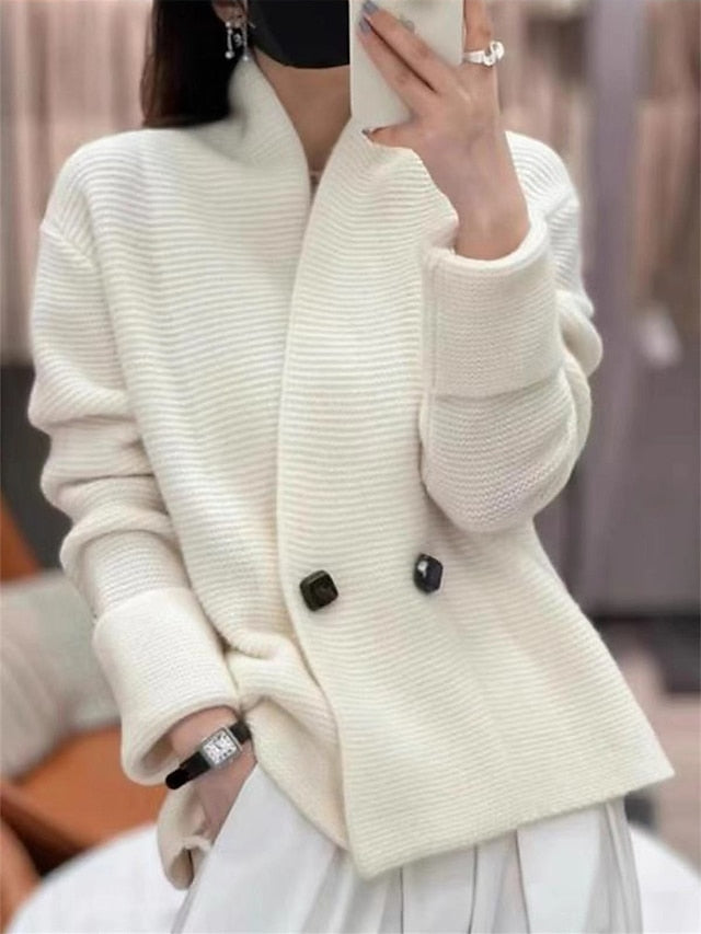 Women's Pullover Sweater Jumper Shirt Collar Ribbed Knit Polyester Button Summer Fall Outdoor Home Daily Stylish Casual Soft Long Sleeve Solid Color White Blue Beige One-Size