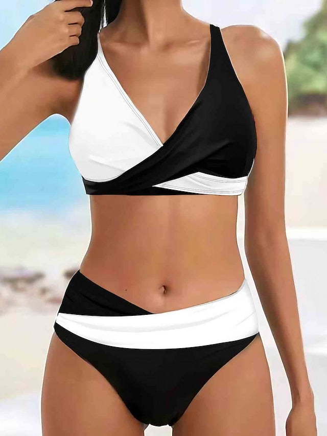 Women's Swimwear Bikini Plus Size Swimsuit Halter 2 Piece Color Block White Yellow Blue Bandeau Bathing Suits Sports Summer - LuckyFash™