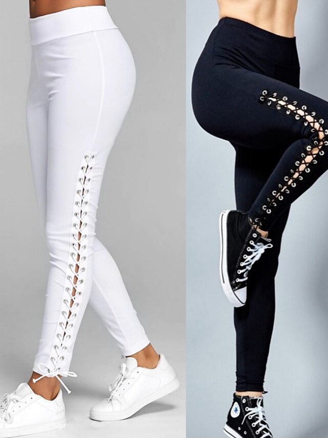 Women's Stretch Leggings Cross Bandage Elastic Waist Tights for Yoga Fitness Gym Workout Tights White Black Sports Activewear High Skinny Athletic - LuckyFash™