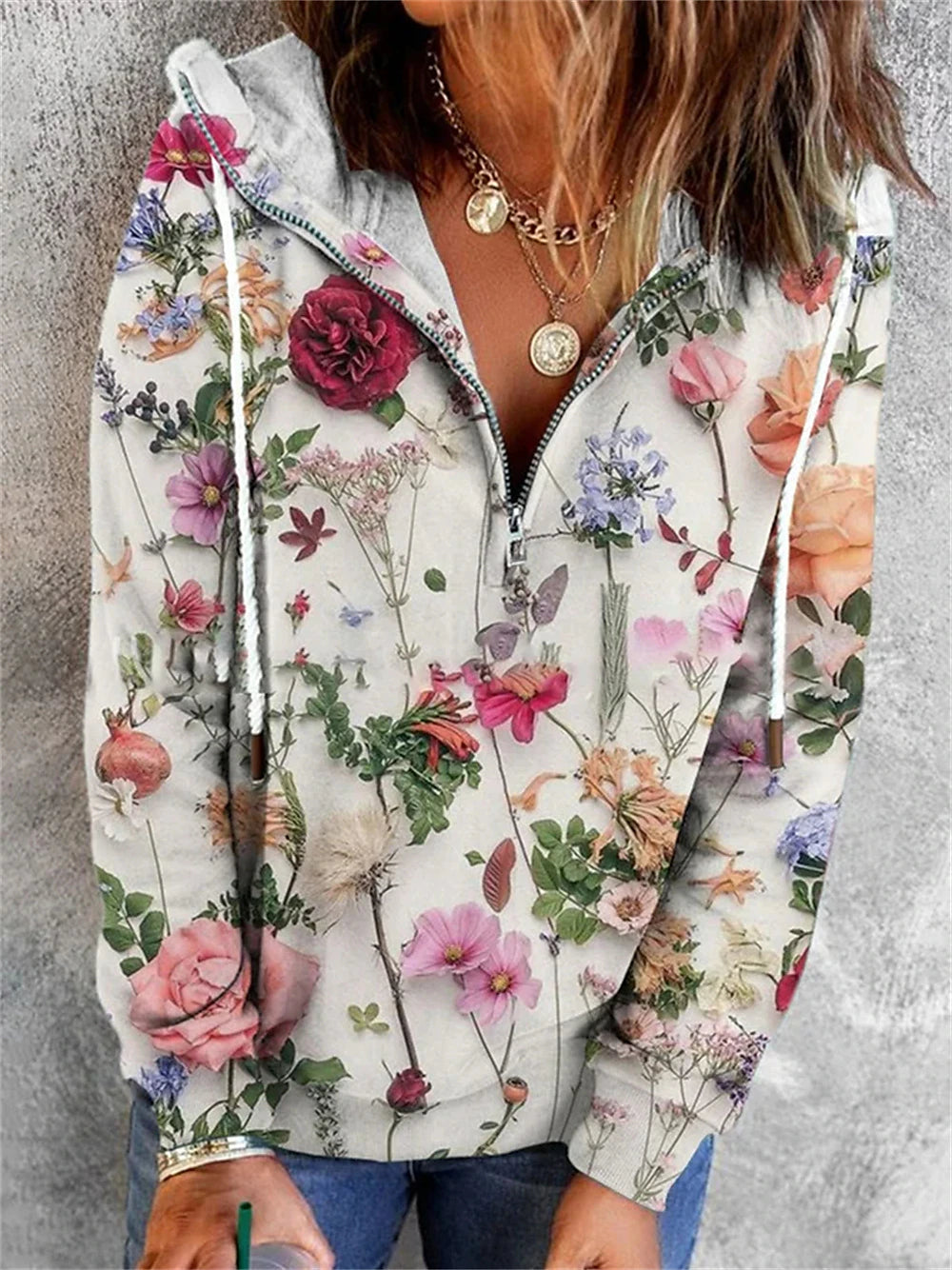 Women's Zip Up Hoodie Sweatshirt Hoodie Sweatshirt Pullover Floral Street Casual Quarter Zip White Red Blue Vintage Basic Hoodie Long Sleeve Top Micro-elastic Fall & Winter