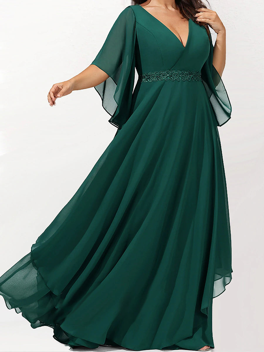 Women‘s Plus Size Curve Casual Dress Swing Dress Plain Long Dress Maxi Dress 3/4 Length Sleeve Layered V Neck Basic Outdoor Dark Green Summer Spring Wedding Guest Dress