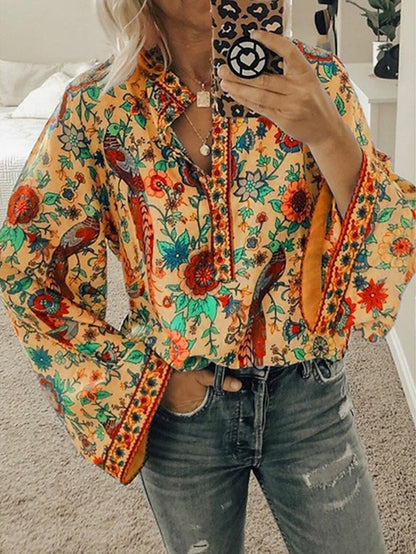 Women's Shirt Blouse Yellow Pink Dusty Rose Graphic Floral Button Print Long Sleeve Daily Holiday Vintage Boho Streetwear Round Neck Regular Boho S