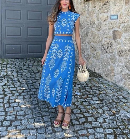 Women's Two Piece Dress Set Casual Dress Cotton Linen Dress Wrap Dress Holiday Date Casual Lace up Print Midi Dress Stand Collar Short Sleeve Scenery Slim Blue Green Beige Summer S M L XL XXL