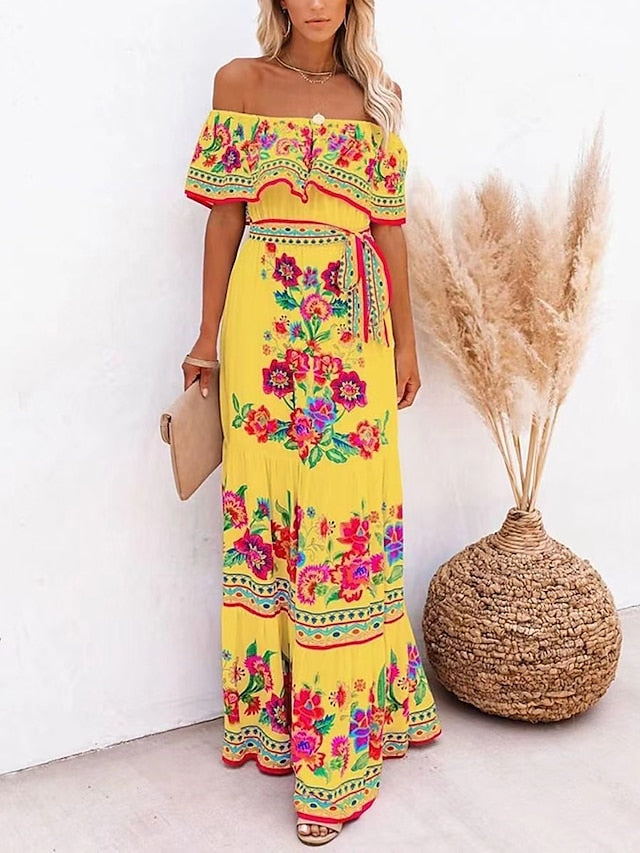 Women's Swing Dress Boho Dress Long Dress Maxi Dress Off Shoulder Black Blue Yellow Short Sleeve Floral Cold Shoulder Spring Summer Romantic Vacation Summer Dress Spring Dress 2023 S M L XL XXL XXXL - LuckyFash™