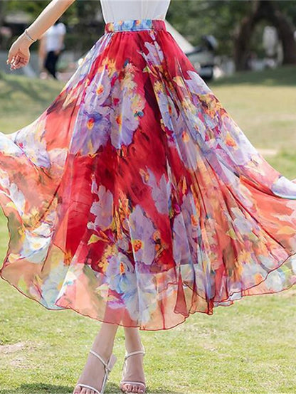 Women's Skirt Swing Long Skirt Maxi Chiffon Yellow Light Green Wine Red Skirts Summer Ruffle Print Without Lining Fashion Boho Long Summer Holiday Vacation S M L - LuckyFash™