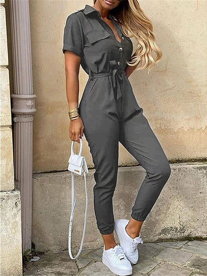 Women's Jumpsuit Button Solid Color Shirt Collar Streetwear Daily Vacation Regular Fit Short Sleeve Pink Wine Navy Blue S M L Summer - LuckyFash™