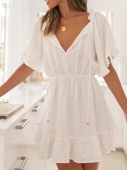 Women's White Dress Lace Dress Casual Dress Mini Dress Linen Lace Ruffle Date Vacation Streetwear Basic V Neck Half Sleeve White Pink Color