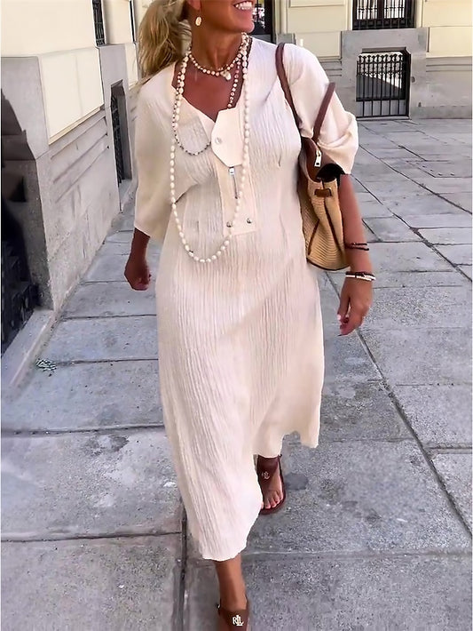 Women's White Dress Casual Dress Summer Dress Midi Dress Button Daily Date Fashion Basic Split Neck 3/4 Length Sleeve White Color