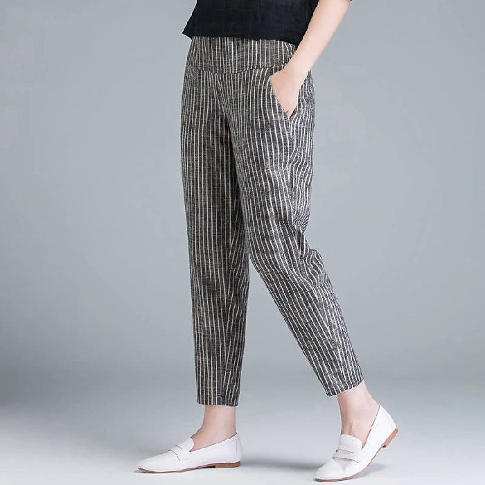 Women's Tapered Carrot Pants Linen Cotton Blend Striped Blue Grey Casual Ankle-Length Casual Daily