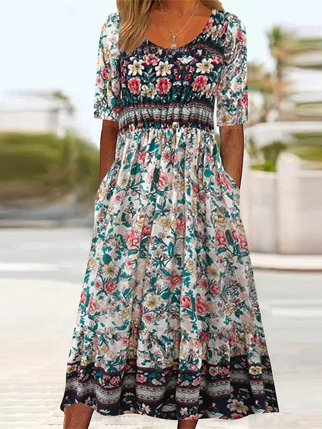 Women's Casual Dress Summer Dress Boho Dress Floral Ruched Pocket Crew Neck Midi Dress Fashion Modern Outdoor Daily Short Sleeve Regular Fit Pink Dark Blue Light Blue Summer Spring S M L XL XXL - LuckyFash™