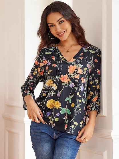 Women's Shirt Blouse Floral Print Black 3/4 Length Sleeve V Neck Summer