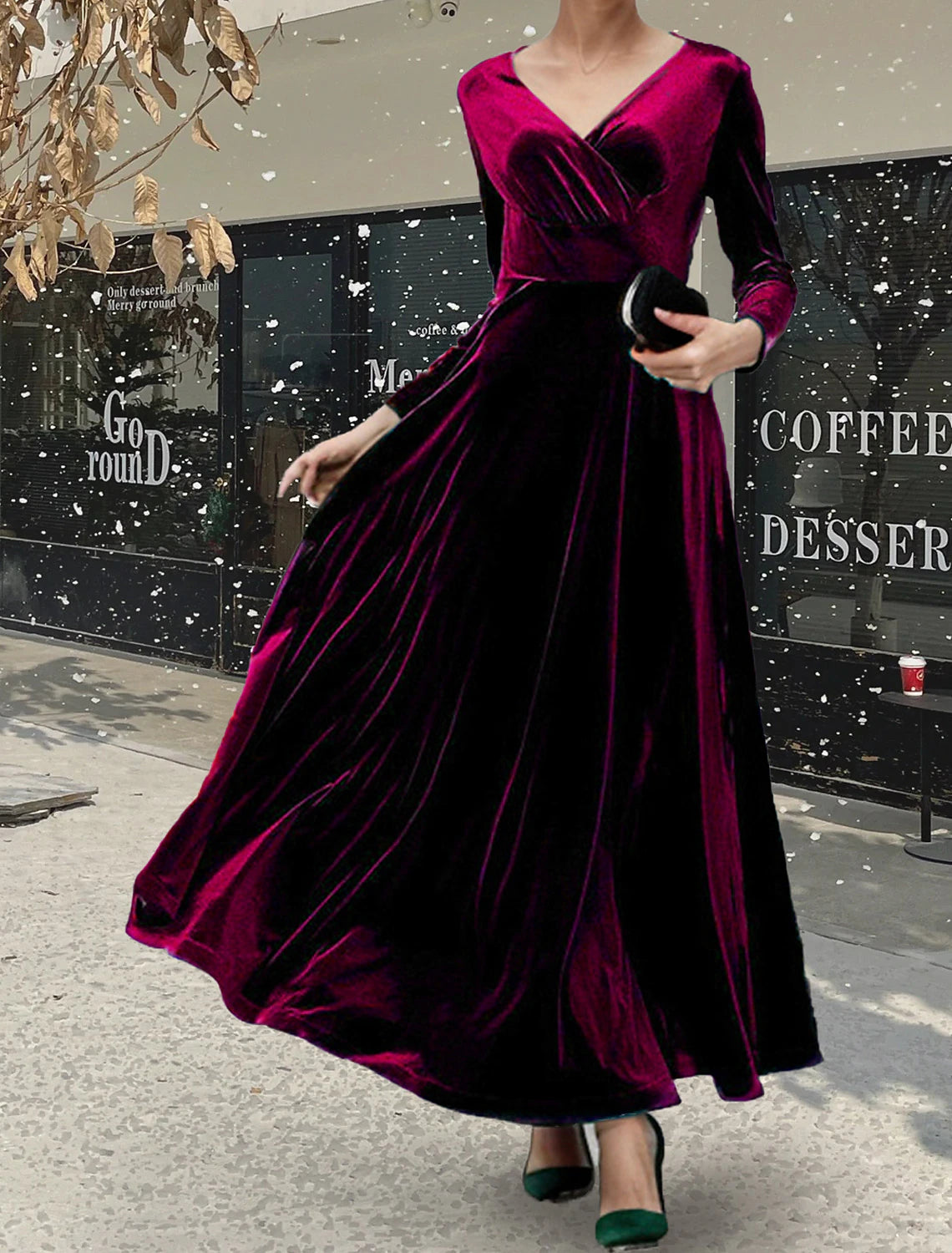 Women's Velvet Dress Prom Dress Party Dress Velvet Ruched V Neck Long Sleeve Christmas Vacation Black Wine Winter