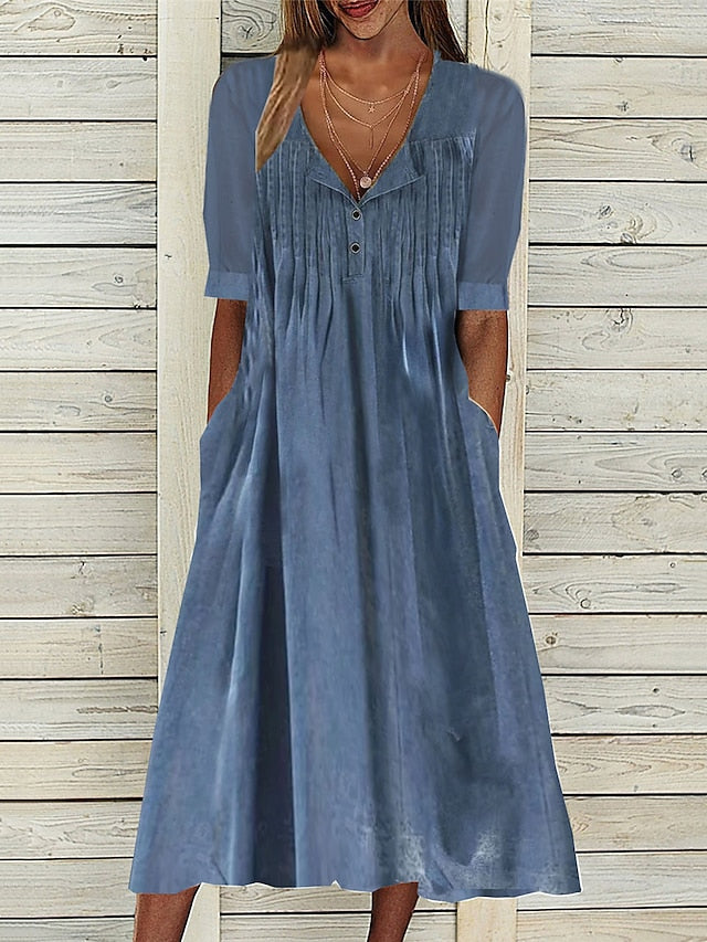 Women's Casual Dress Cotton Linen Dress Swing Dress Midi Dress Cotton Blend Fashion Basic Outdoor Daily Vacation Split Neck Button Pocket Short Sleeve Summer Spring 2023 Regular Fit Blue Plain S M L - LuckyFash™