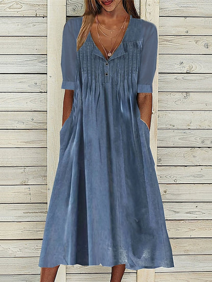 Women's Casual Dress Cotton Linen Dress Swing Dress Midi Dress Cotton Blend Fashion Basic Outdoor Daily Vacation Split Neck Button Pocket Short Sleeve Summer Spring 2023 Regular Fit Blue Plain S M L - LuckyFash™