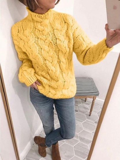 Women's Pullover Sweater Knitted Solid Color Basic Casual Chunky Long Sleeve Sweater Cardigans Turtleneck Fall Winter Yellow Blushing Pink Gray