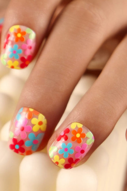 Pink 24pcs Cute Flowers Print Press On False Nails