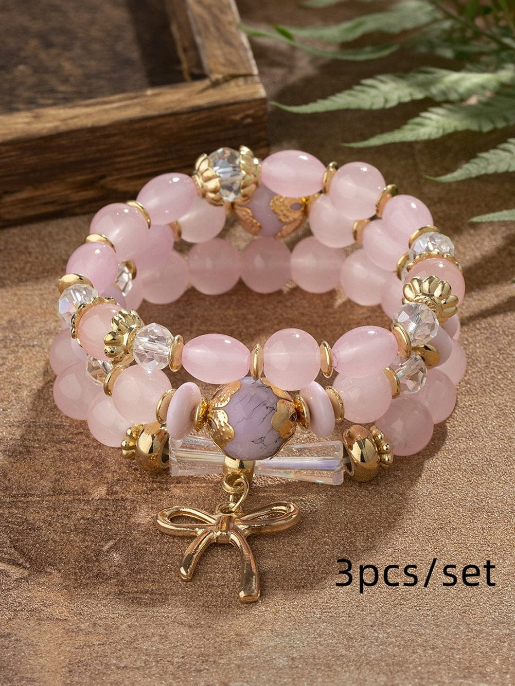 Pink 3pcs Bowknot Pendant Beaded Bracelet