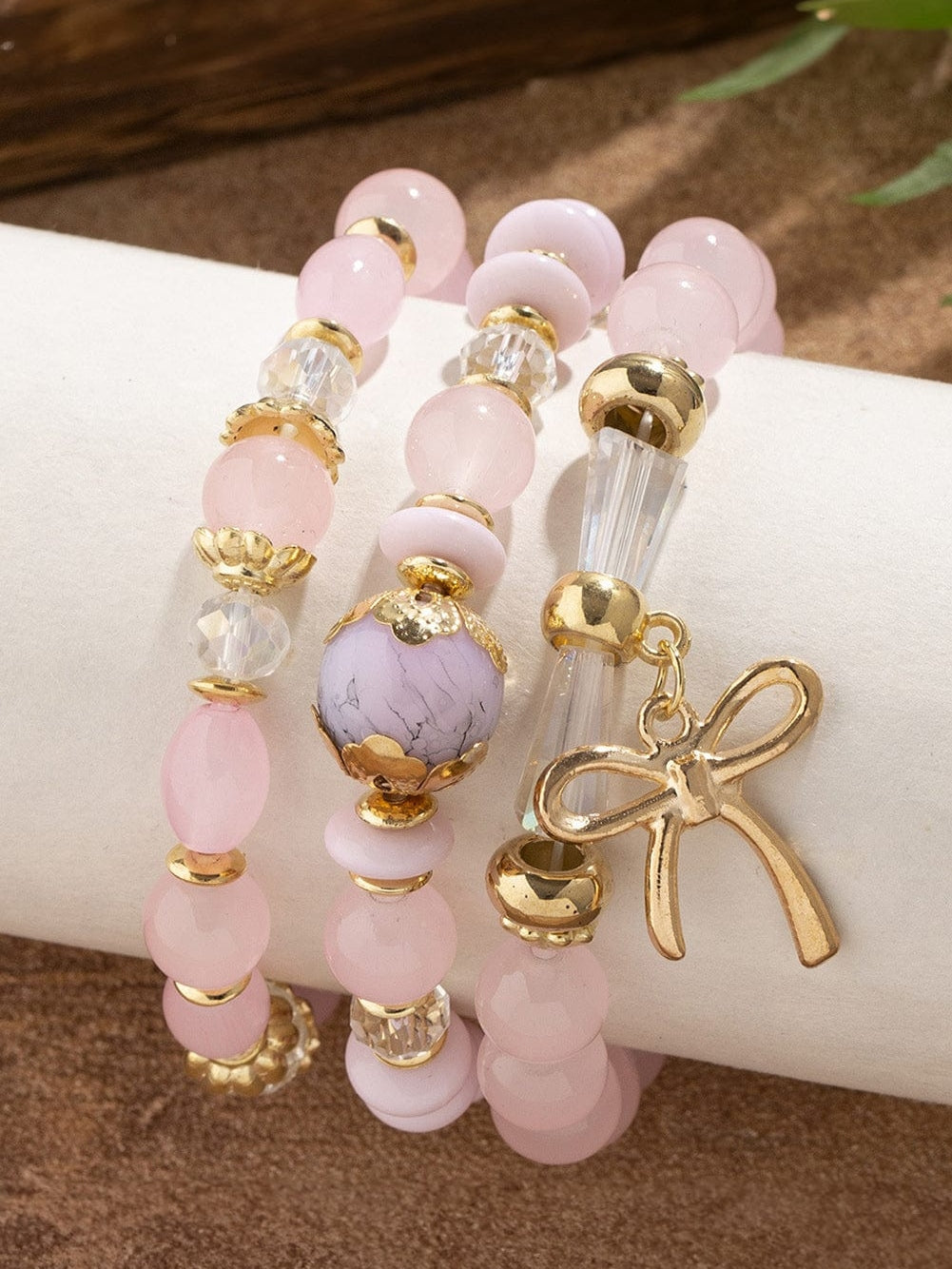 Pink 3pcs Bowknot Pendant Beaded Bracelet