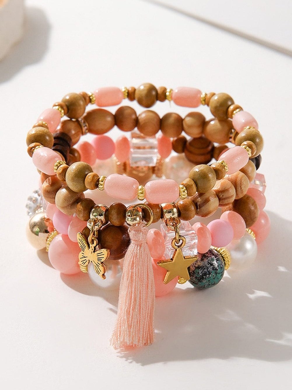 Pink 4Pcs Butterfly Star Pendant Tassel Beaded Bracelet Set