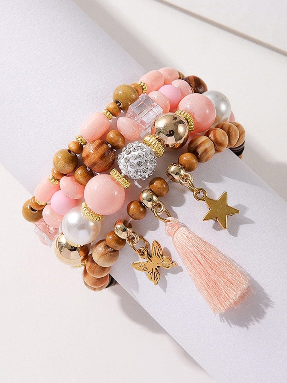 Pink 4Pcs Butterfly Star Pendant Tassel Beaded Bracelet Set