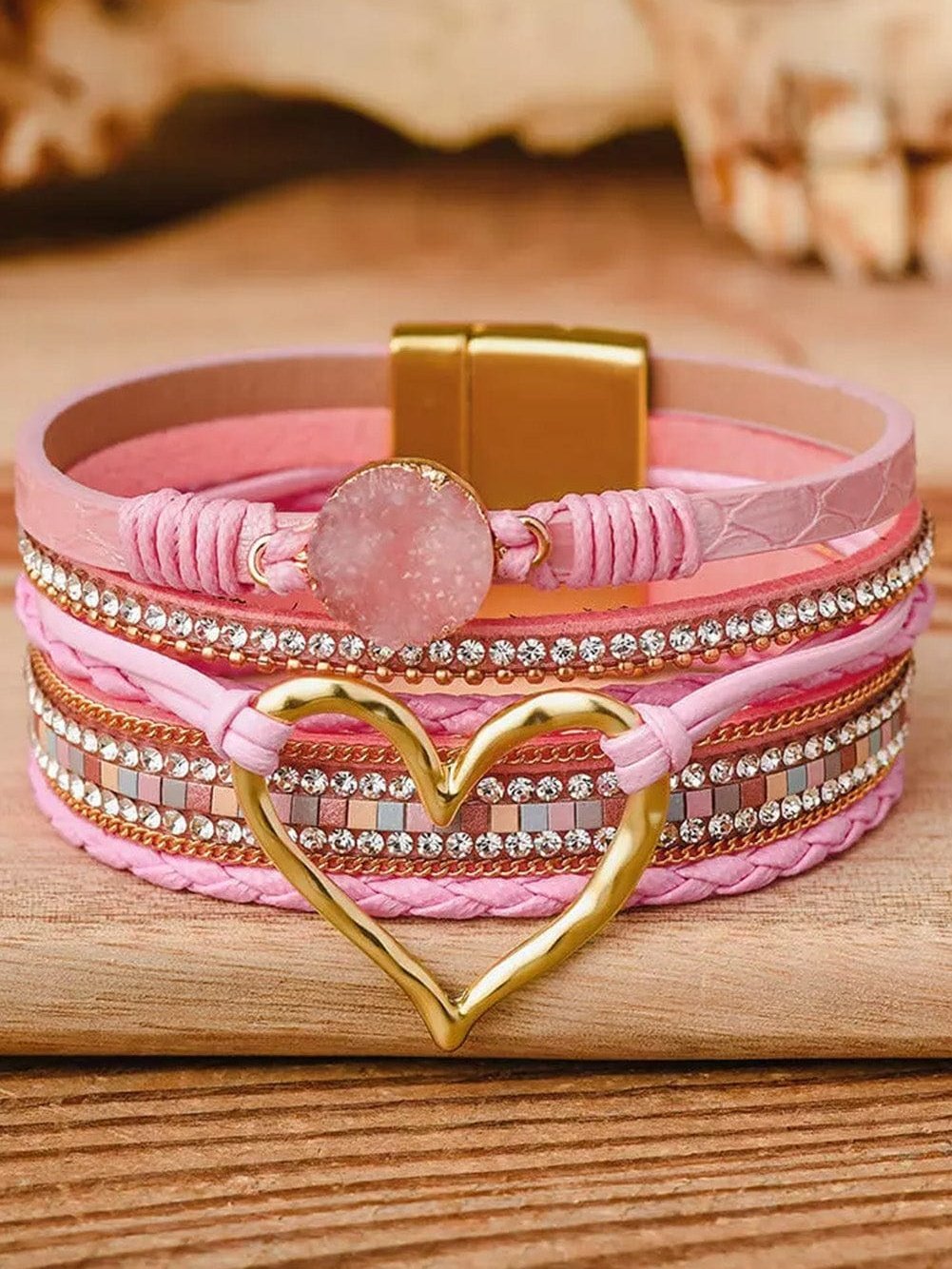 Pink Bohemian Heart Rhinestone Magnetic Buckle Bracelet