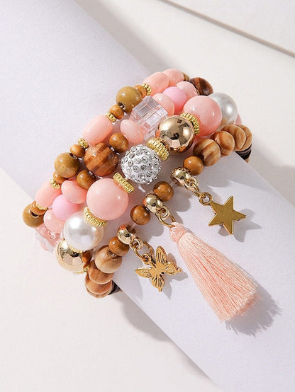 Pink Butterfly and Star Charm Tassel Beaded Bracelet Set - 4 Pieces