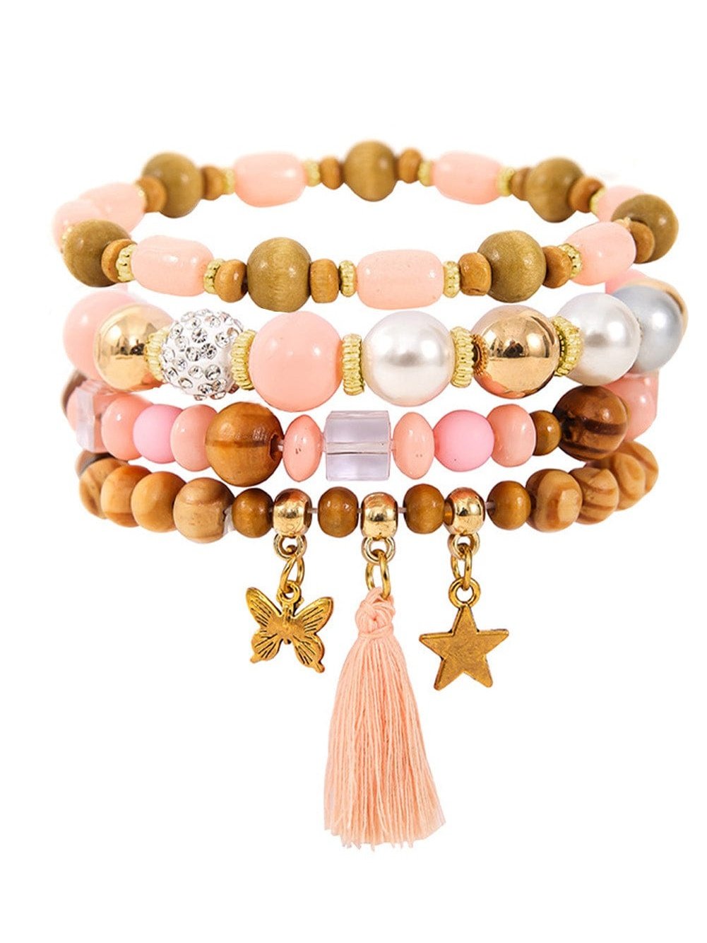 Pink Butterfly and Star Charm Tassel Beaded Bracelet Set - 4 Pieces