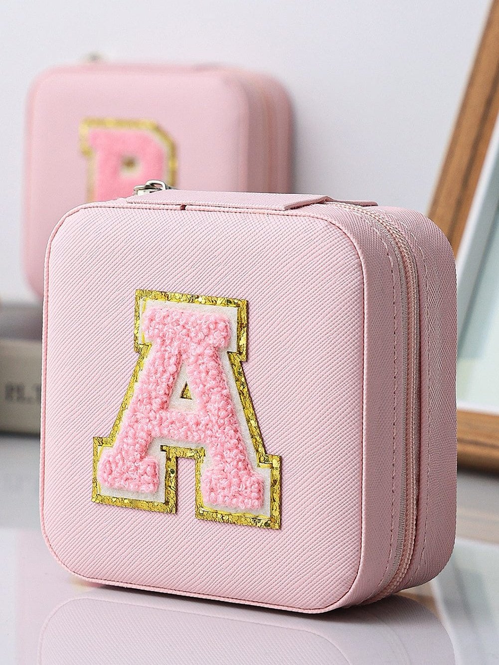 Pink Chenille A Graphic Jewelry Case with Mirror