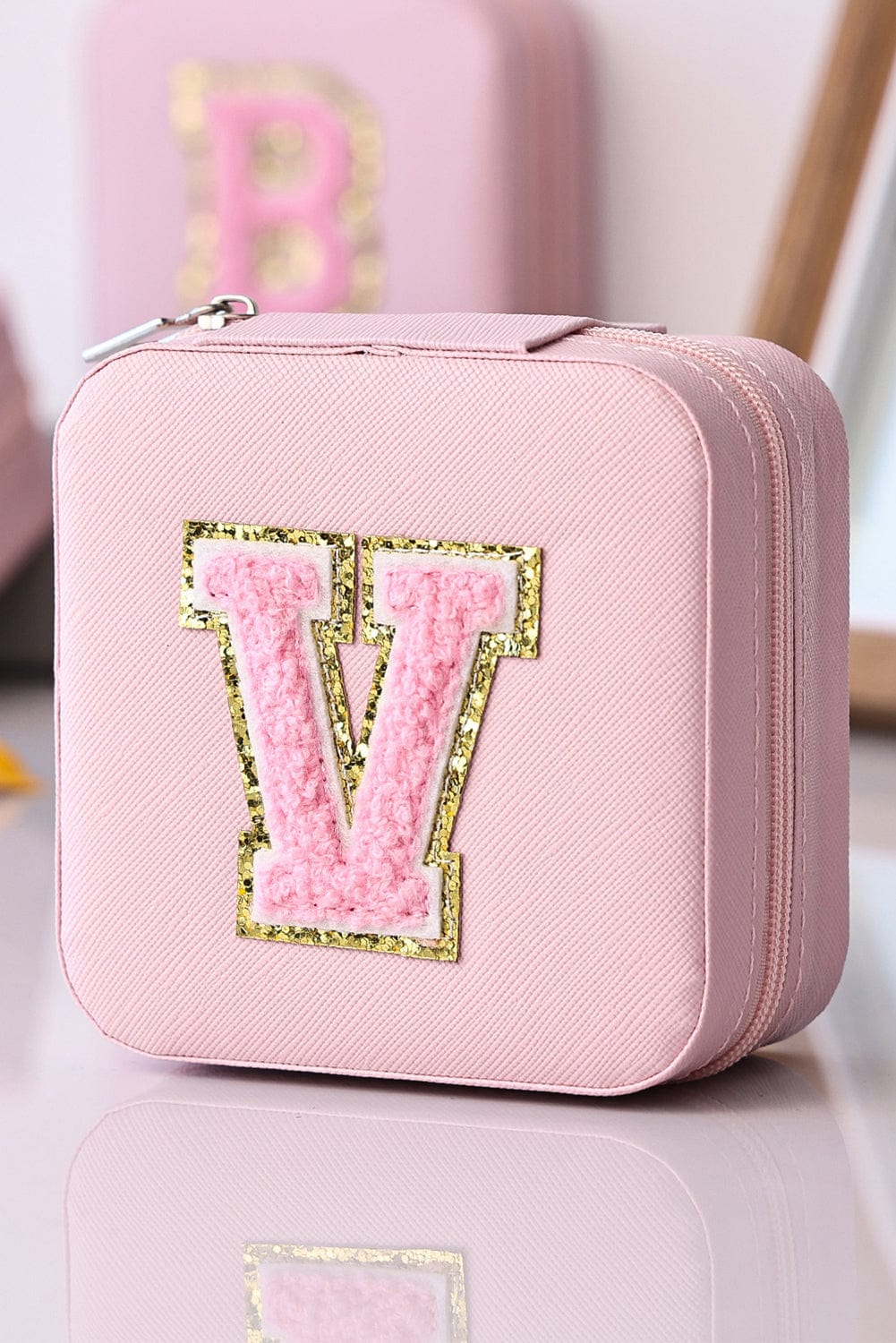 Pink Glitter Chenille Letter Mini Square Jewelry Box with Mirror