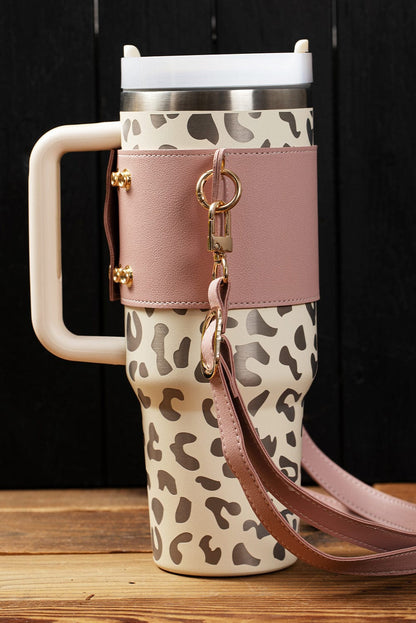 Pink Leather Drink Carrier with Adjustable Straps and Buttoned Closure