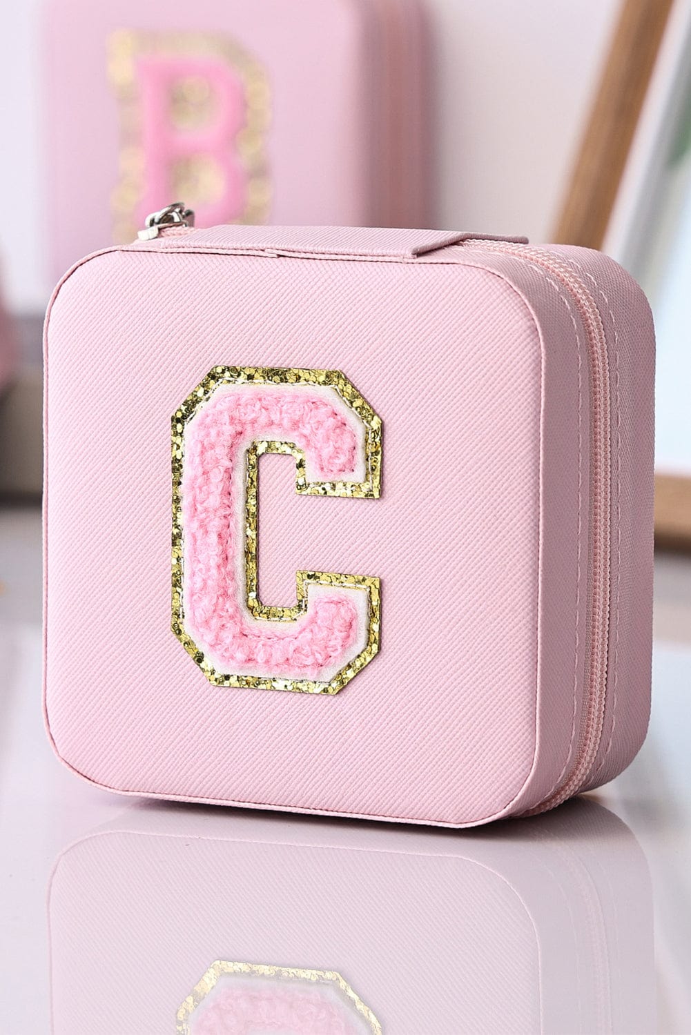 Pink Sequin Chenille Letter Travel Jewelry Organizer