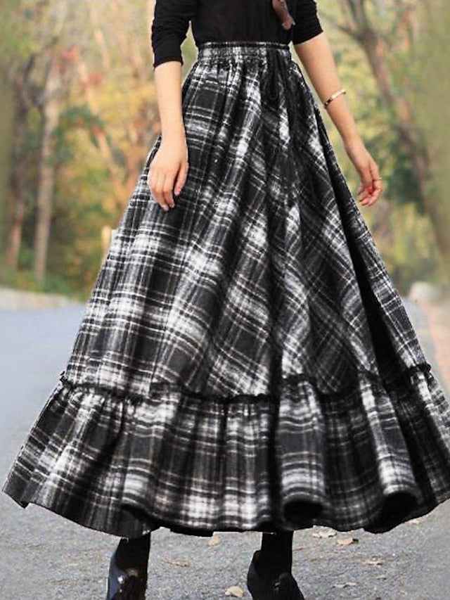 Women's Skirt Swing Work Skirts Long Skirt Maxi Skirts Ruffle Print Plaid Christmas Daily Autumn / Fall Polyester Cotton Blend Fashion Summer Black Red Fuchsia Gray