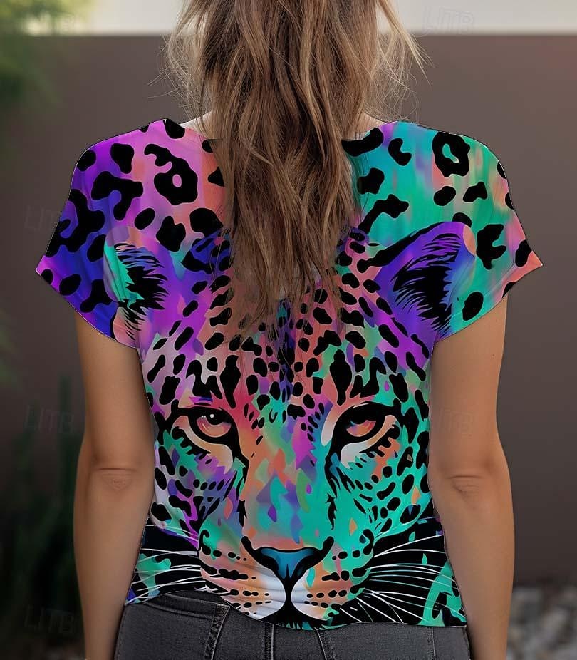 Women's T shirt Tee Leopard Daily Weekend Print Blue Short Sleeve Fashion Crew Neck Summer