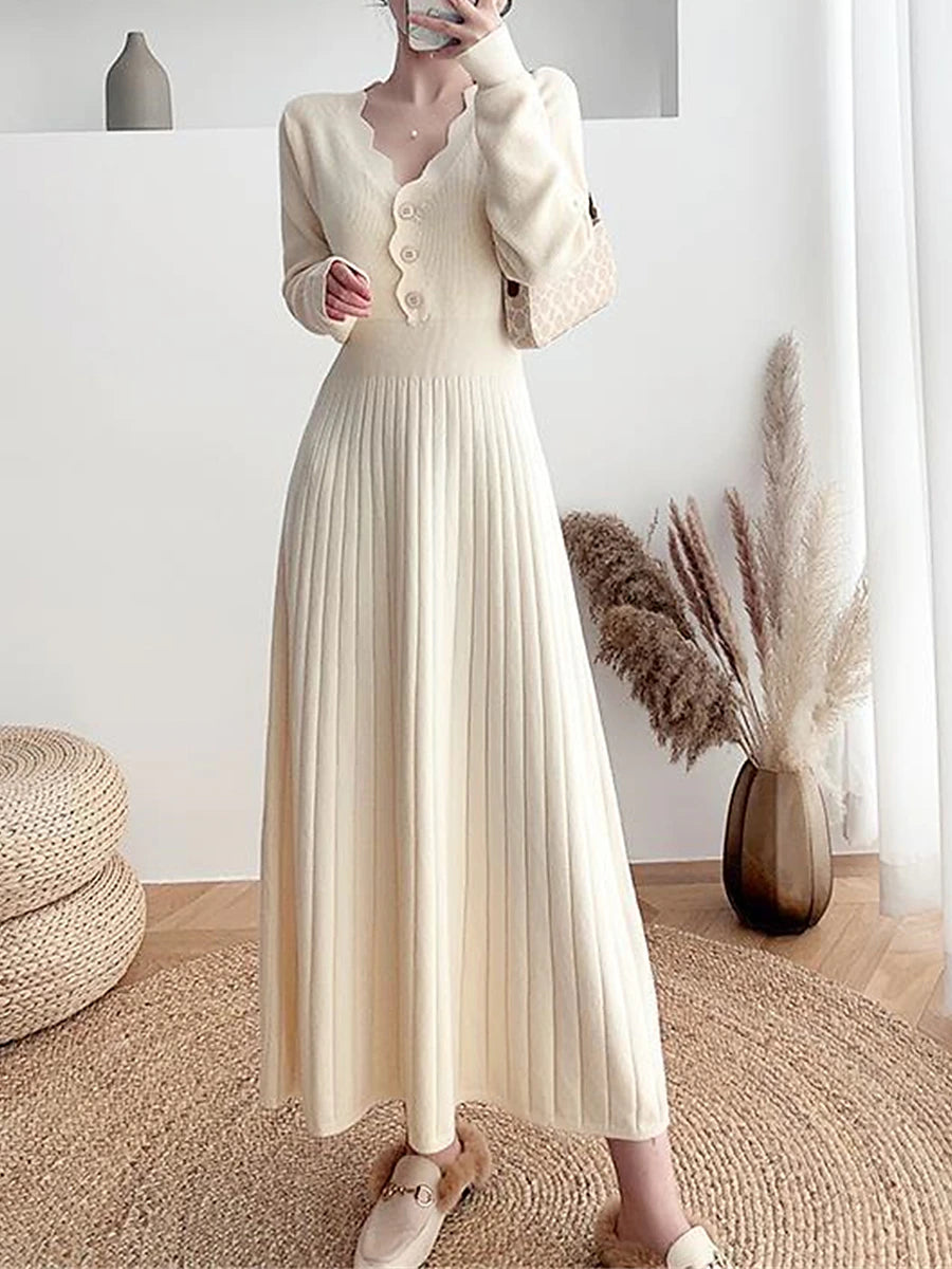 Women's Sweater Dress Knit Dress Jumper Dress Long Dress Maxi Dress Knitwear Fashion Daily Plain Outdoor Casual Holiday Vacation V Neck Long Sleeve Ruched Button 2023 Loose Fit Black White khaki One