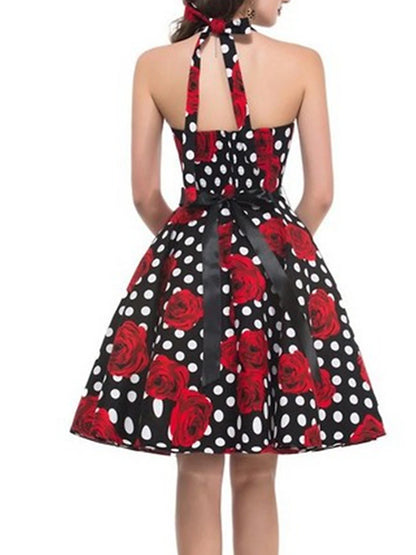 Women's Retro 1950s Vintage Tea Dresses Midi Dress Party Holiday Backless Print Floral Halter Sleeveless Regular Fit Summer Spring 2023 Black White S M L XL