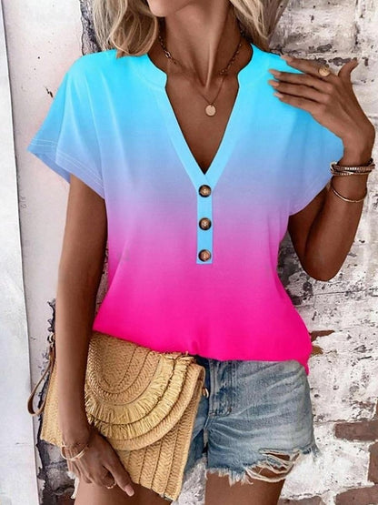 Women's T shirt Tee Ombre Color Gradient Daily Going out Print Yellow Short Sleeve Stylish V Neck Summer