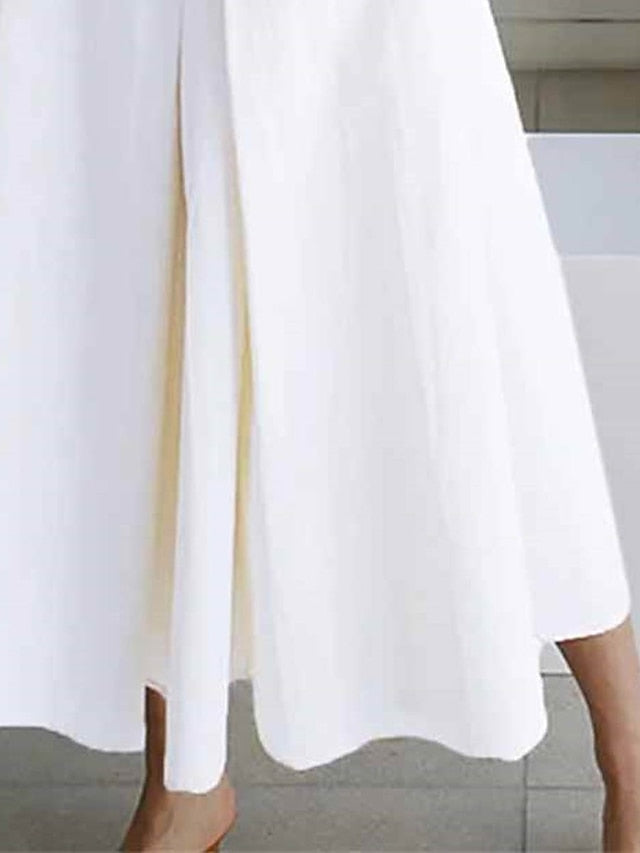 Women's Shirt Dress Cotton Linen Dress Wrap Dress Maxi long Dress Cotton Blend Fashion Elegant Outdoor Office Business Shirt Collar Button Pocket Sleeveless Summer Spring 2023 Loose Fit White Plain S - LuckyFash™