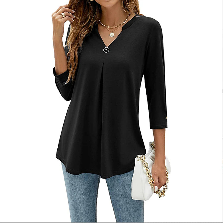 Women's Shirt Blouse Tunic Black White Pink Plain Flowing tunic 3/4 Length Sleeve Daily Weekend Streetwear Casual V Neck Regular S