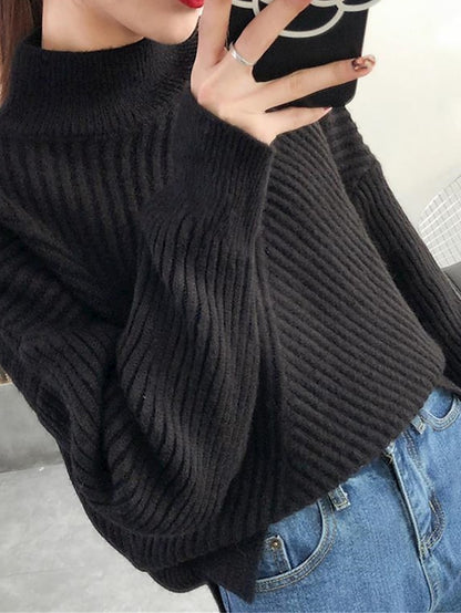 Women's Pullover Sweater Jumper Stand Collar Ribbed Knit Spandex Yarns Patchwork Split Fall Winter Regular Outdoor Daily Going out Stylish Casual Soft Long Sleeve Solid Color Black White Yellow